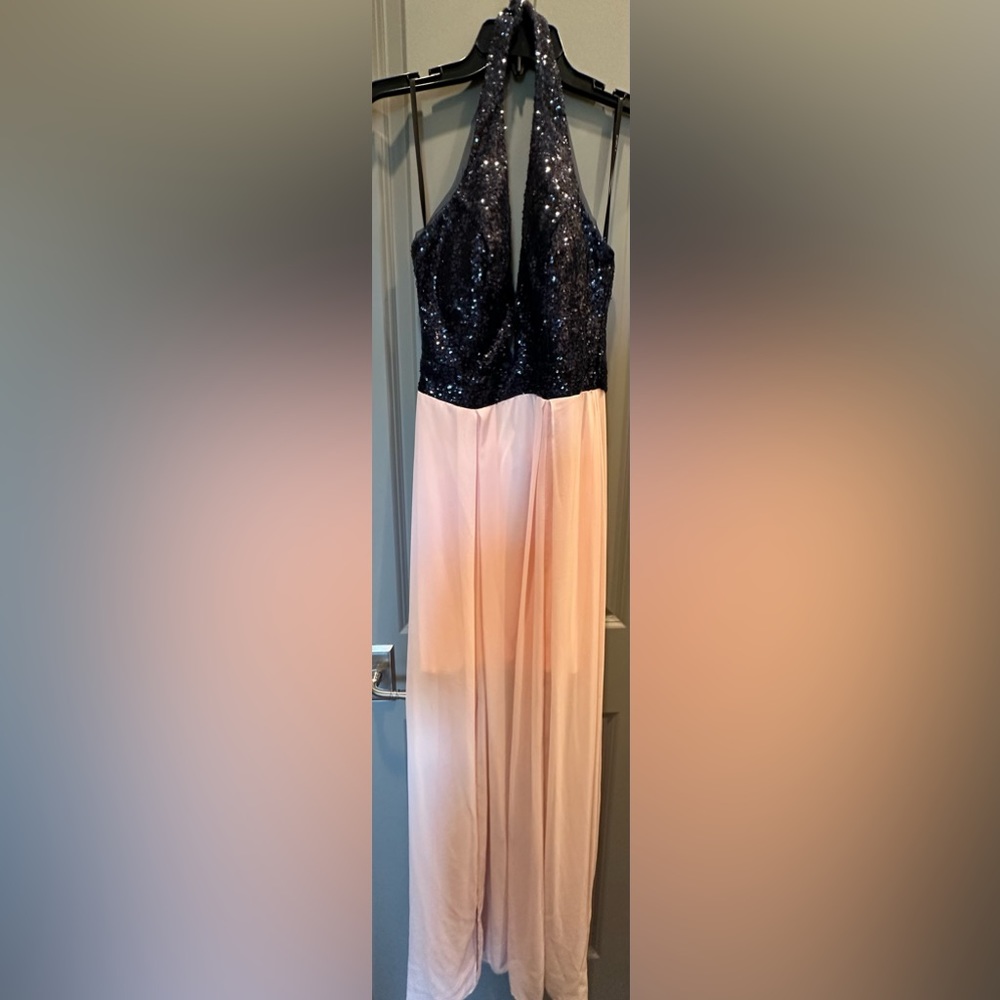 Perfect for prom or wedding Navy and Pink formal-sequins halter dress.